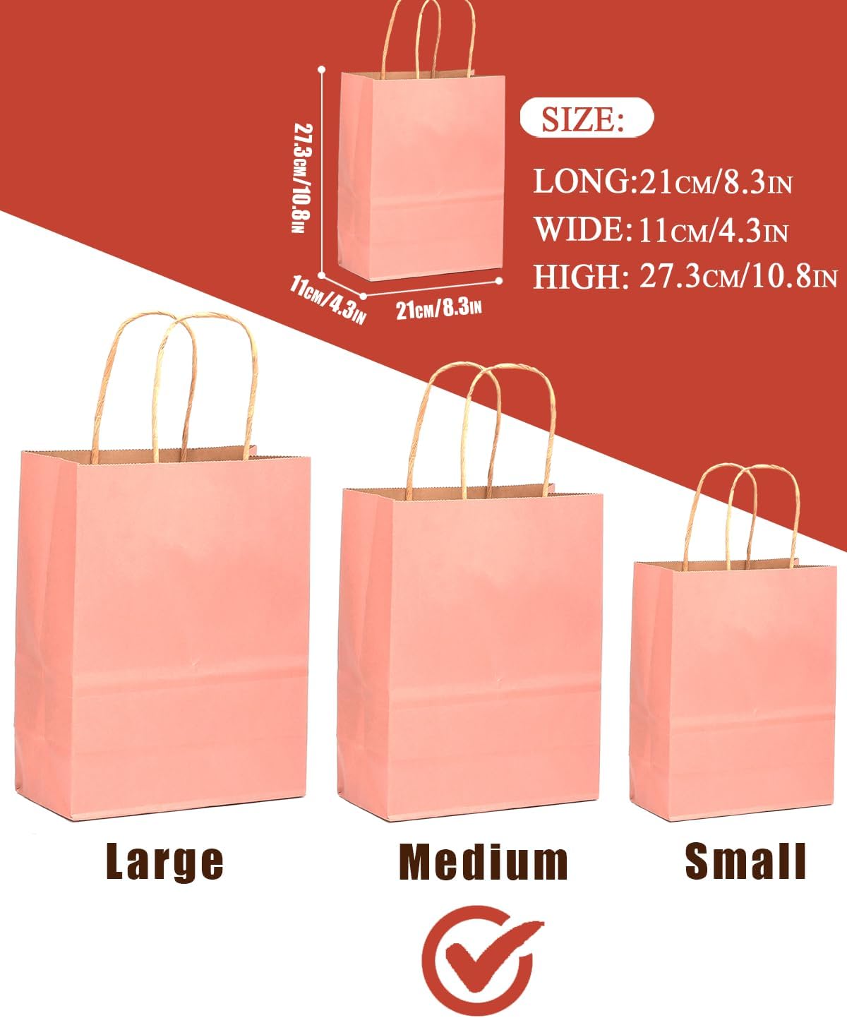 qiqee 100PCS Gift Bag with Handles Bulk Light Pink Paper Bags Multiple Uses (11"x5"x8" Medium Size)