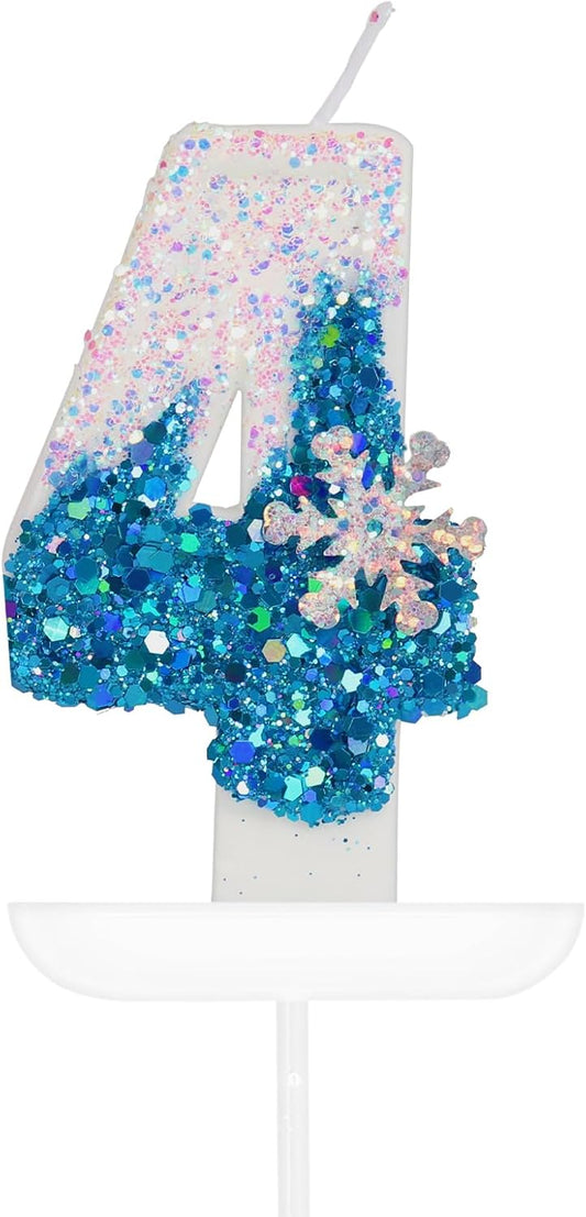 Blue White Frozen Birthday Candles, Sparkler Number 4th Birthday Candle for Party Supplies, Snow Winter Frozen Birthday Party Decorations, Number 4 Cake Toppers Decorations