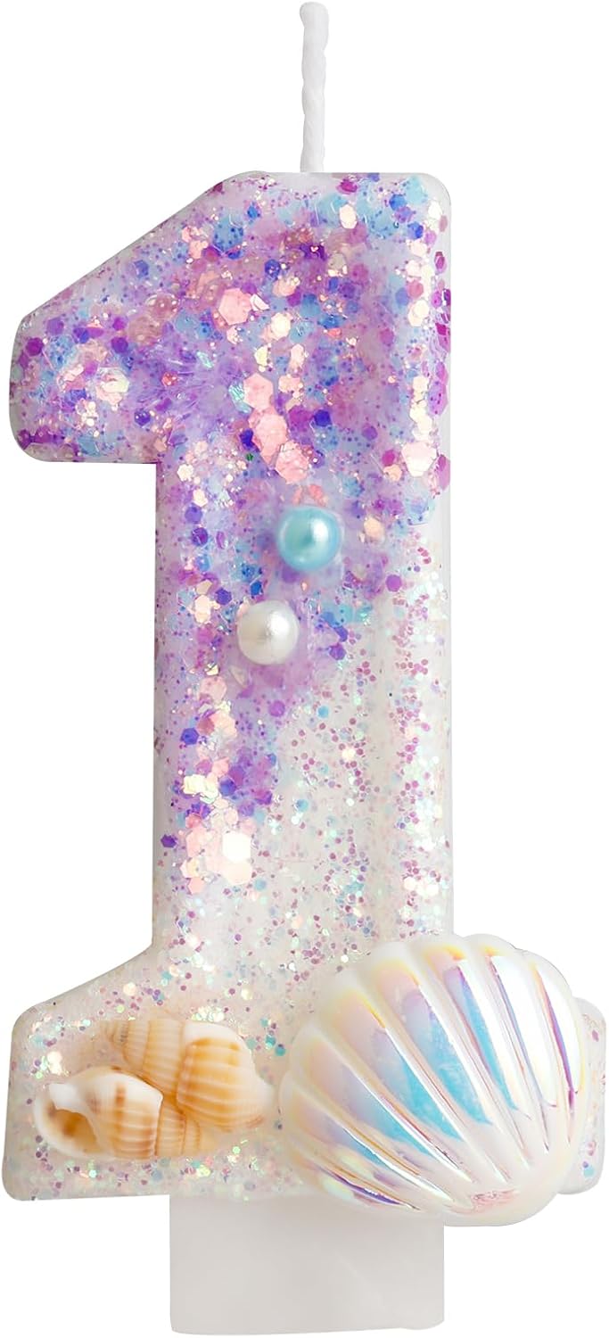 Mermaid Sequins Shell Birthday Candle, Happy 1st Birthday Candle for Girls Cake, Mermaid Themed Birthday Cake Topper, Purple