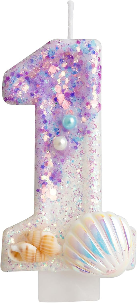 Mermaid Sequins Shell Birthday Candle, Happy 1st Birthday Candle for Girls Cake, Mermaid Themed Birthday Cake Topper, Purple