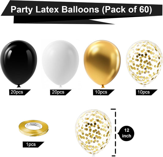 Bezente Black and Gold Confetti Balloons,60pcs 12 inch Black White and Gold Metallic Latex Party Balloons Set with Gold Ribbon for Birthday,Wedding,Baby Shower,Gold Theme Party Graduation Decorations