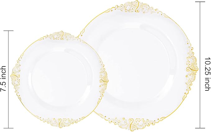 Nervure 100Pcs Clear and Gold Plastic Plates - Heavyweight Gold Disposable Plates - Plastic Plates Include 50Pcs 10.25inch Dinner Plate & 50Pcs 7.5inch Dessert Plate for Wedding & Party