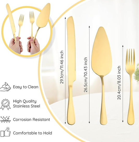 SUREAM Gold Cake Cutter 11 Inch, 4 Pieces Wedding Cake Cutting Set, Pie Server Utensil for Wedding, Birthday, Parties, Anniversary, Engagements