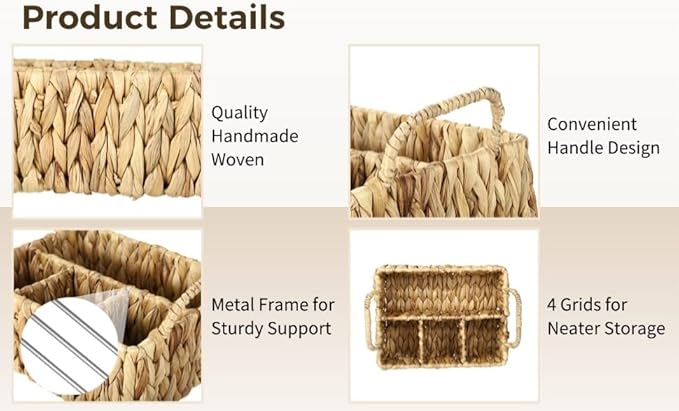 Silverware Basket, Water Hyacinth Utensil Caddy, 4-Compartment Flatware Storage Basket with Dual Handles, Farmhouse Divided Cutlery Holder, Natural Woven Silverware Organizer, 10.4 x 8.5 x 6.1 in