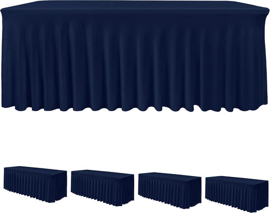 HolidayIdeas Spandex Table Skirts for Rectangle Tables 8 Ft, Fitted Stretch Table Cover 30x96 Inch, Wrinkle-Free Ruffle Design Tablecloths for Banquets,Trade Shows, Parties, Events, 4 Pack, Navy
