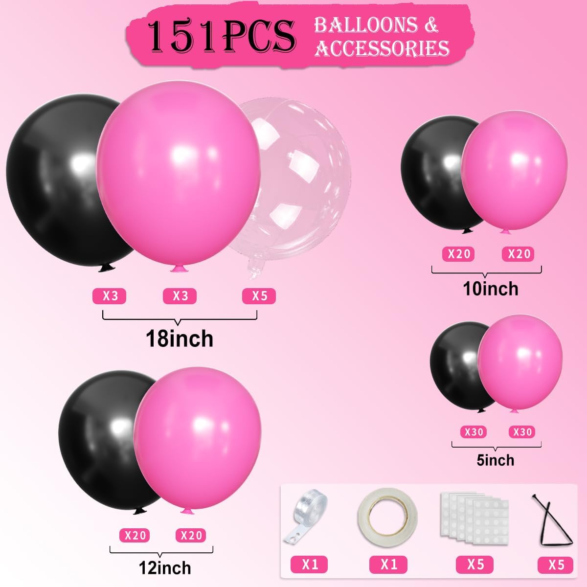 Black and Hot Pink Balloons Garland Arch Kit With Clear Bobo Balloons, 151Pcs Latex Balloons Different Sizes 18 12 10 5 inch for Valentine Day Birthday Holiday Party Decorations