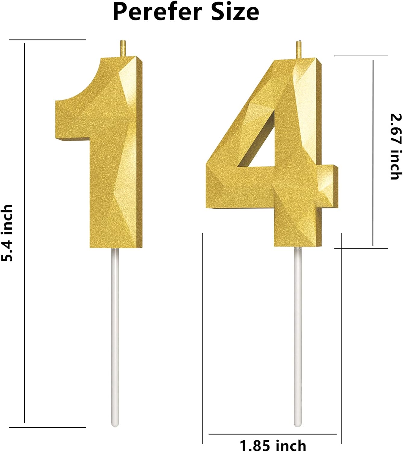 Number Birthday Candles(14 Candle Gold) 3D Diamond Shape Number Happy Birthday Cake Candles for Birthday Party Wedding Decoration Reunions Theme Party