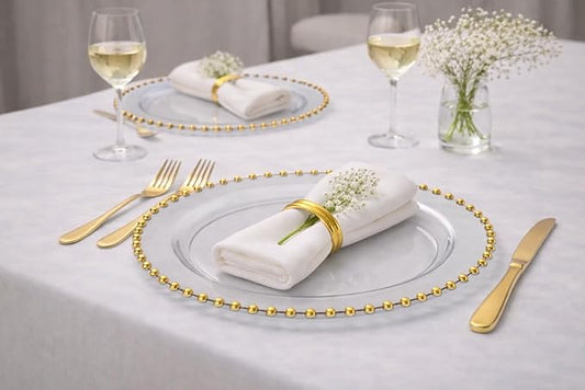 PLASTICPRO Clear with Gold Rim Plastic Charger Plates with Beaded Edge – Pack of 4 – 13" Elegant Round Disposable Chargers for Weddings, Events, Parties, and Dinners