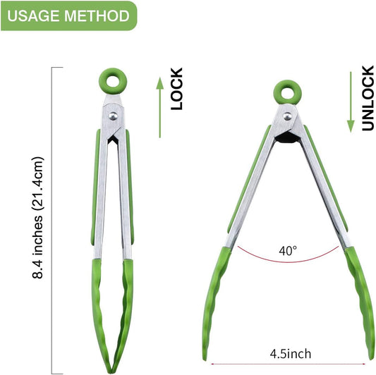 MSY BIGSUNNY Kitchen Food Tongs - 7" Mini Silicone Serving Tongs - Set of 3 (Green)