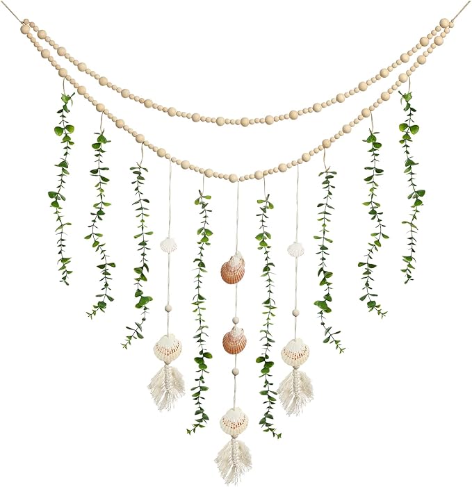Hanging Eucalyptus Boho Wall Decor Large Boho Bedroom Wall Hanging Wooden Bead Garland Artificial Eucalyptus Natural Greenery Decoration, 36 x 36 Inch (Simple Color, Shell Style)