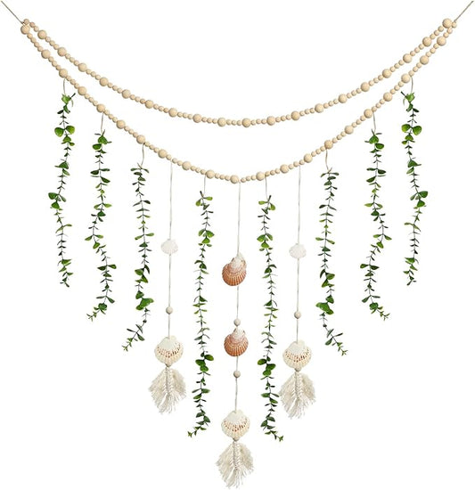 Hanging Eucalyptus Boho Wall Decor Large Boho Bedroom Wall Hanging Wooden Bead Garland Artificial Eucalyptus Natural Greenery Decoration, 36 x 36 Inch (Simple Color, Shell Style)