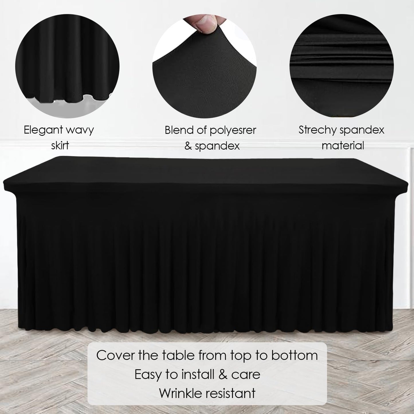CoFashion Black 8ft x 30" Rectangular Spandex Table Cover with Wrinkle-Resistant Ruffles, One-Piece Table Covers for Wedding, Banquet, Birthday Parties