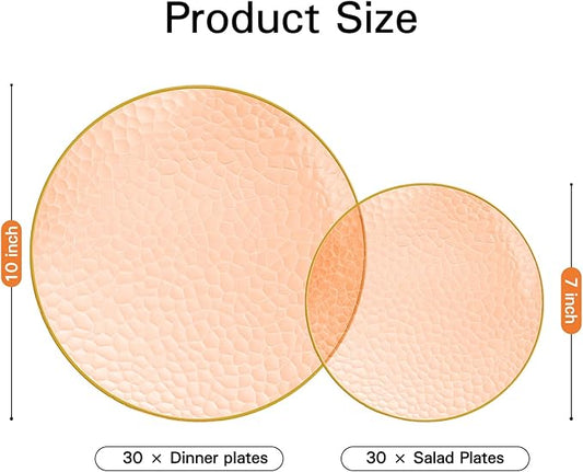 Rubtlamp 60Pcs Orange Plastic Plates, Orange Disposable Plates With Gold Rim, Hammered Plastic Plates Include 30 Dessert Platos, 30 Dinner Platos for Party