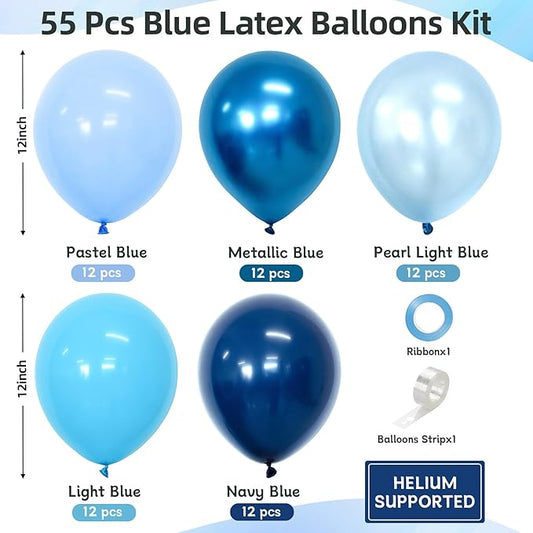 Blue Balloons 60 pcs 12 Inch Light Navy Baby Pearl Blue Metallic Latex Balloons Garland Arch kits for Boys Birthday Baby Shower Graduation Bridal Shower Wedding Party Decoration Supply