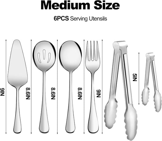 Serving Utensils, XEVOM 6-Piece Stainless Steel Serving Utensil Set Include Serving Spoon, Slotted Serving Spoon, Serving Fork,Serving Tong, Appetizers Tong,Pie Server (Silver), Regular