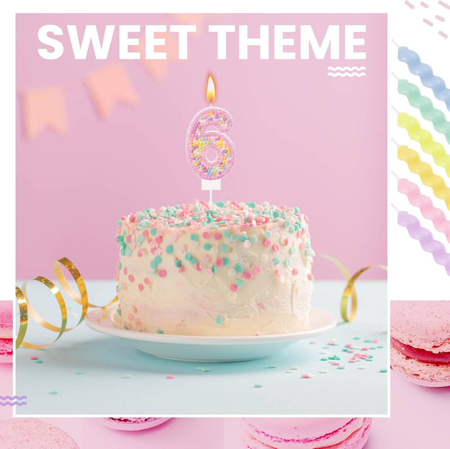 MTLEE Number 6 Birthday Candle with 12 Pcs Spiral Candles for Girls Macaron Pastel Rainbow Unicorn Pink Cake Topper for Sweet Theme Party Decoration