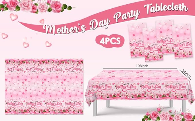 Happy Mothers Day Decorations Tablecloth 4 Pack Large Rectangle Pink Rose Mothers Day Table Covers for Mothers Day Outdoor Party Disposable Waterproof Plastic Tablecloth