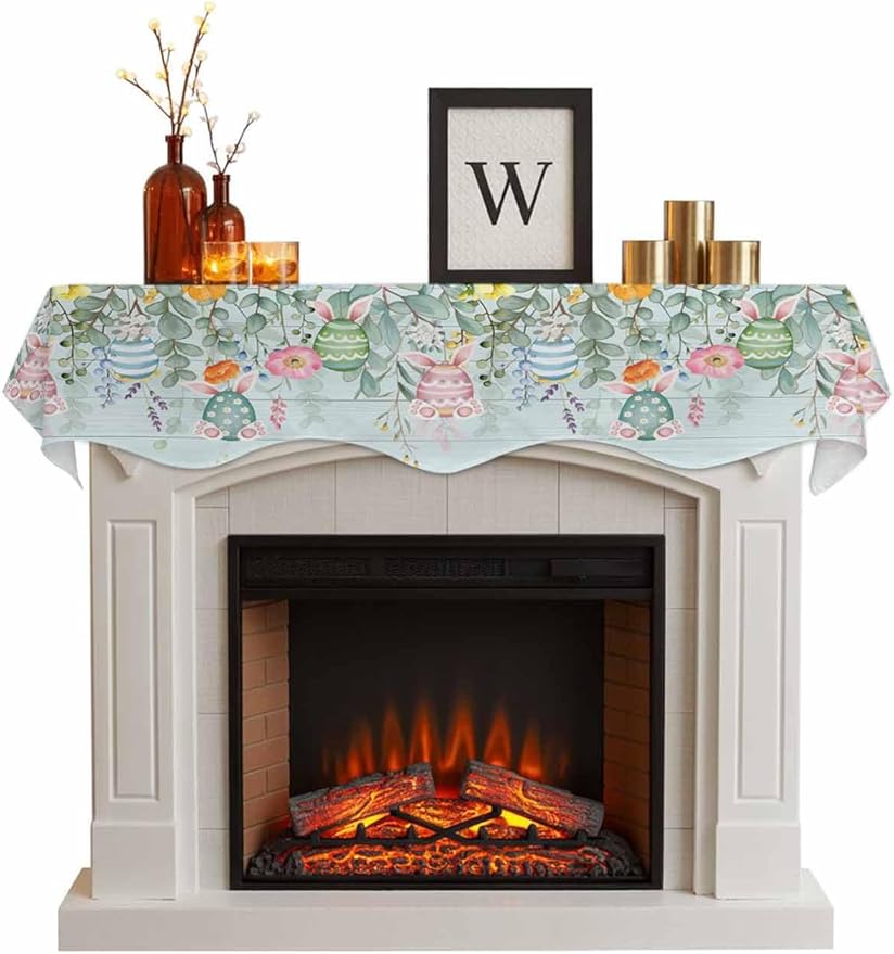 Easter Fireplace Mantel Scarf Table Runner, Spring Eggs Eucalyptus Branch Floral Wooden Winter Garland Mantel Top Tablerunners Dresser Scarves Cover Decorations for Windows Party Living Room 60''x17''
