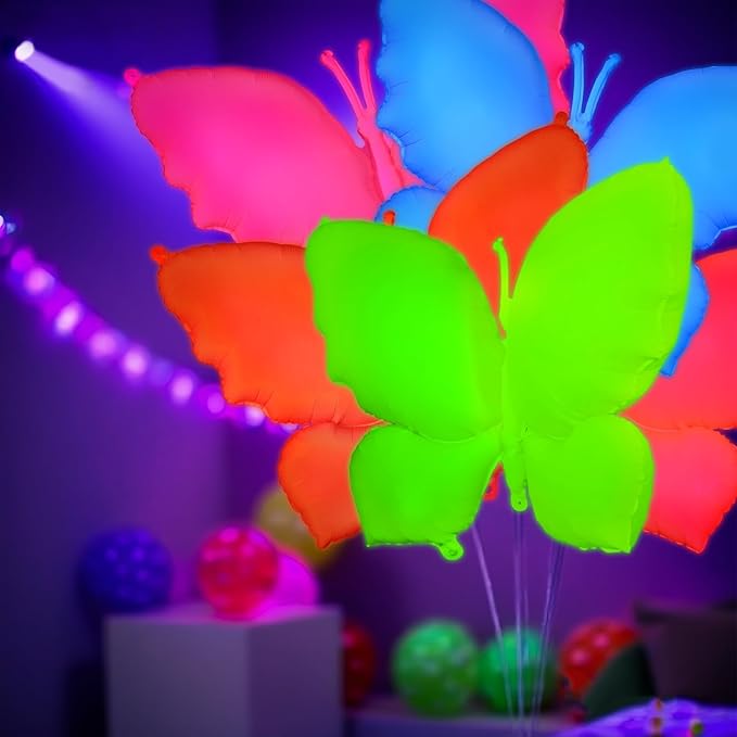 Mega-L Glow in the Dark Party Supplies,5 Pcs Neon Butterfly Balloons Set – Fluorescent Red, Lemon Yellow, Fuchsia, Blue and Orange Balloons Perfect for Birthday, Wedding, Anniversary, Graduation Party