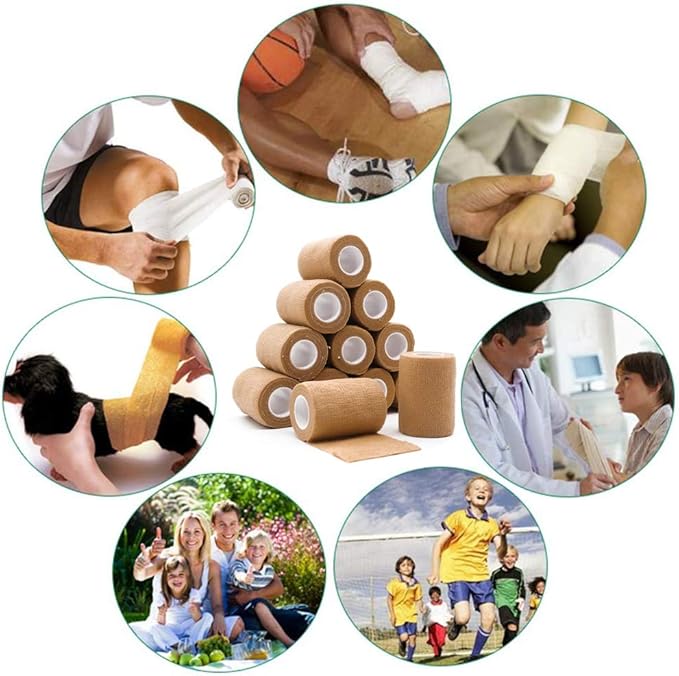 12 Rolls Elastic Self Adhesive Bandage Wrap 3 Inch, Breathable Non Woven Cohesive Bandage, Vet Wrap for Dogs, Ankle Sprains Swelling Medical First Aid Tape, Sports Athletic Tape Brown