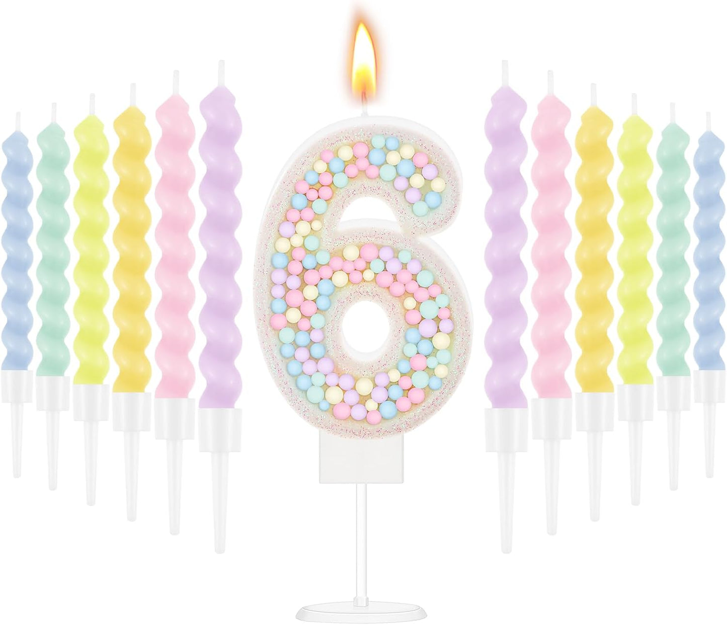 MTLEE Number 6 Birthday Candle with 12 Pcs Spiral Candles for Girls Macaron Pastel Rainbow Unicorn Pink Cake Topper for Sweet Theme Party Decoration