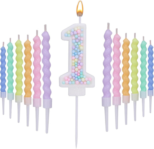 Number 1 Birthday Candles for Cake with 12 Pieces Spiral Candles with Macaron Pastel Rainbow Pink Cake Toppers for Girls Happy Birthday Party Decorations