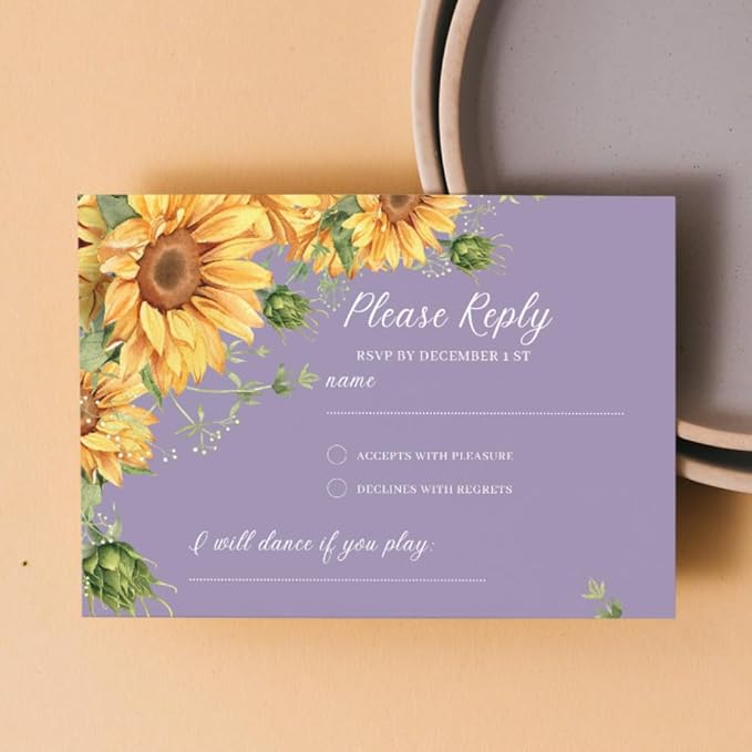 Preprinted Purple and Yellow Sunflower Wedding or Party RSVP Cards, Personalized Response Card Glossy Finish With White Envelopes, Set of 15 with Envelope, 5x3.5 inch Cards (Purple)