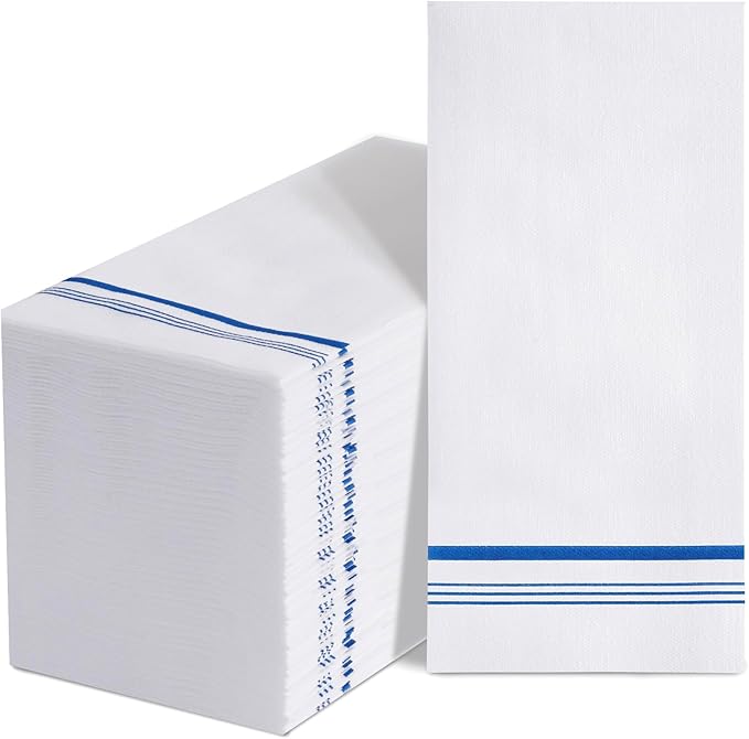 50 Disposable Paper Hand Towels for Bathroom, Decorative Linen Feel Guest Towels, Soft and Absorbent Paper Towels Napkins Bulk for Home Dinner Kitchen Wedding, 12" x 17"(Blue Trim Lined)