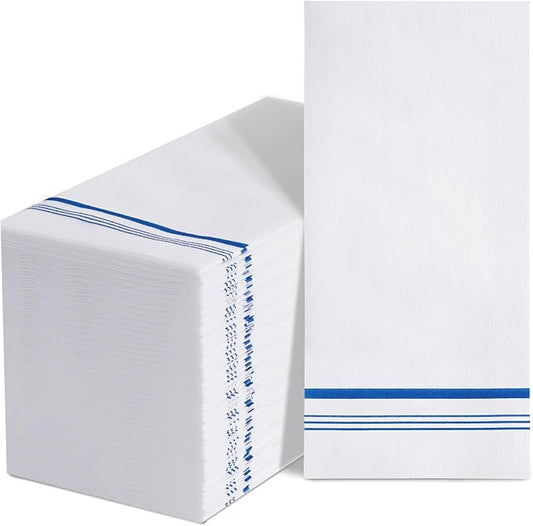 50 Disposable Paper Hand Towels for Bathroom, Decorative Linen Feel Guest Towels, Soft and Absorbent Paper Towels Napkins Bulk for Home Dinner Kitchen Wedding, 12" x 17"(Blue Trim Lined)