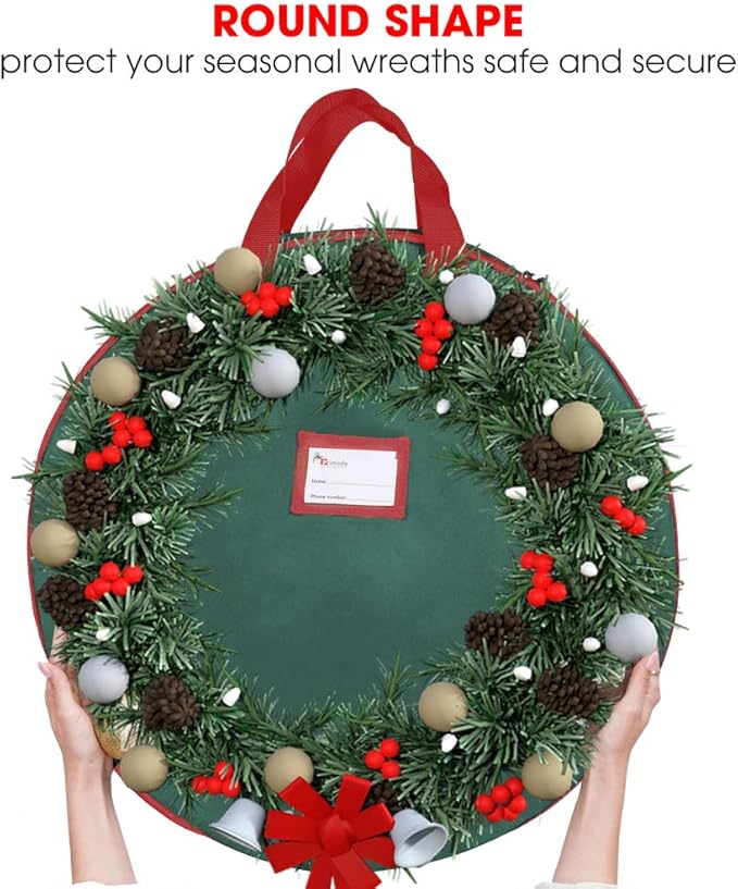 Primode Christmas Wreath Storage Bag 36" - 2 Pack Artificial Wreath Container - Garland Holiday Xmas Wreaths Holder - Sturdy Handles - Inner Straps - Card Slot Zipper Strong Oxford (36 Inch, Green)