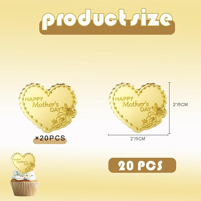 Furimuk 20 Pcs Mother's Day Heart Cake Topper, Gold Acrylic Mirror, Happy Mother's Day Cake Topper, Cupcake Decorations
