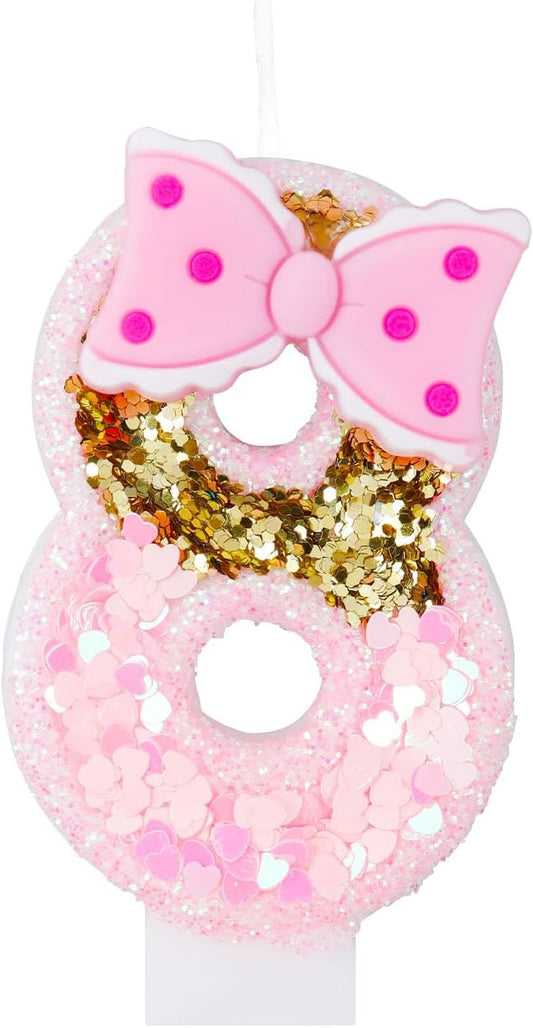 Girls' Pink 8th Birthday Candles with Gold Glitter and Bow - Perfect for Cake Decoration