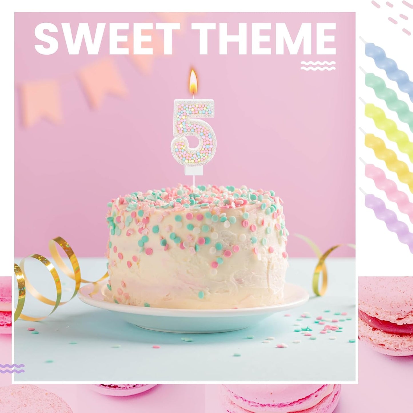 MTLEE Number 5 Birthday Candle with 12 Pcs Spiral Candles for Girls Macaron Pastel Rainbow Unicorn Pink Cake Topper for Sweet Theme Party Decoration