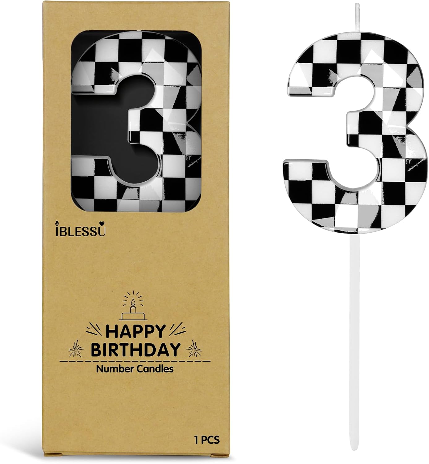 Number 3 Racing Cars Birthday Candles,2.68 Inch Black White Checkered Birthday Number Candles, Cool Racing Themed Number Candles for Boys and Girls, Kids Race Car Themed Party Decorations Supplies