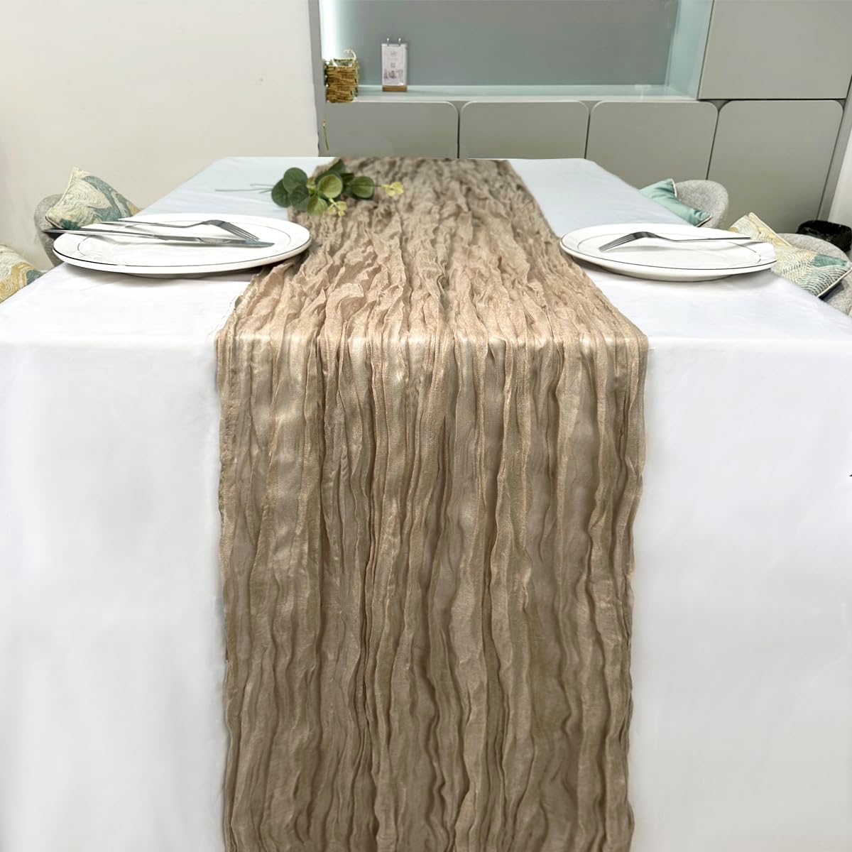 Booque Valley Nude Cheesecloth Table Runner 120 Inch 10ft Super Soft Boho Wrinkled Gauze Sheer Cloth for Baby Shower Birthday Bridal Shower Wedding Centerpiece Table Decoration, 6 Pack, Tan