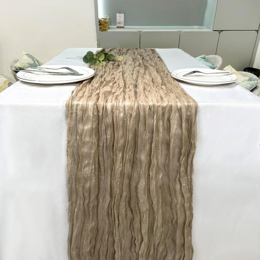 Booque Valley Nude Cheesecloth Table Runner 120 Inch 10ft Super Soft Boho Wrinkled Gauze Sheer Cloth for Baby Shower Birthday Bridal Shower Wedding Centerpiece Table Decoration, 3 Pack, Tan