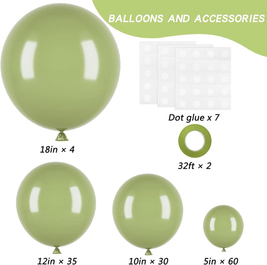 RUBFAC Sage Green Balloons 129pcs Different Sizes 18 12 10 5 Inch, Olive Green Latex Balloon Garland Arch Kit for Birthday Party Graduation Baby Shower Wedding Safari Jungle Balloon Decoration