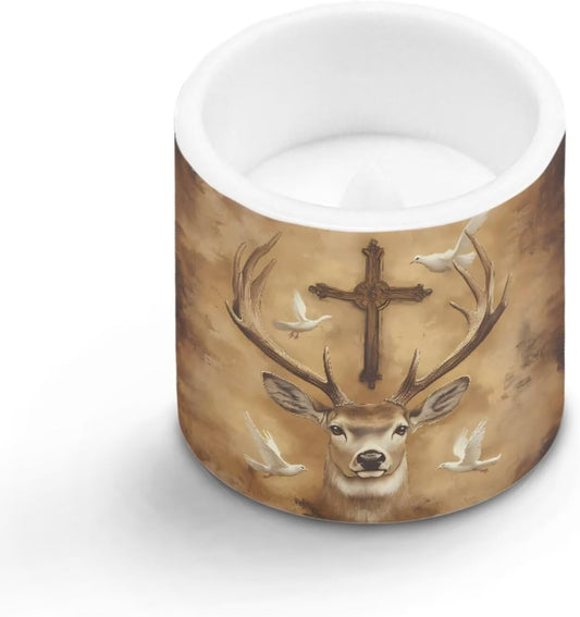 Poceacles Flameless LED Candles 4 Pack with Remote Control, Battery-Powered, Flickering Effect, with 12 Color Changing, Realistic LED Pillar Candles for Home Decor, Deer Cross Dove of Peace Retro