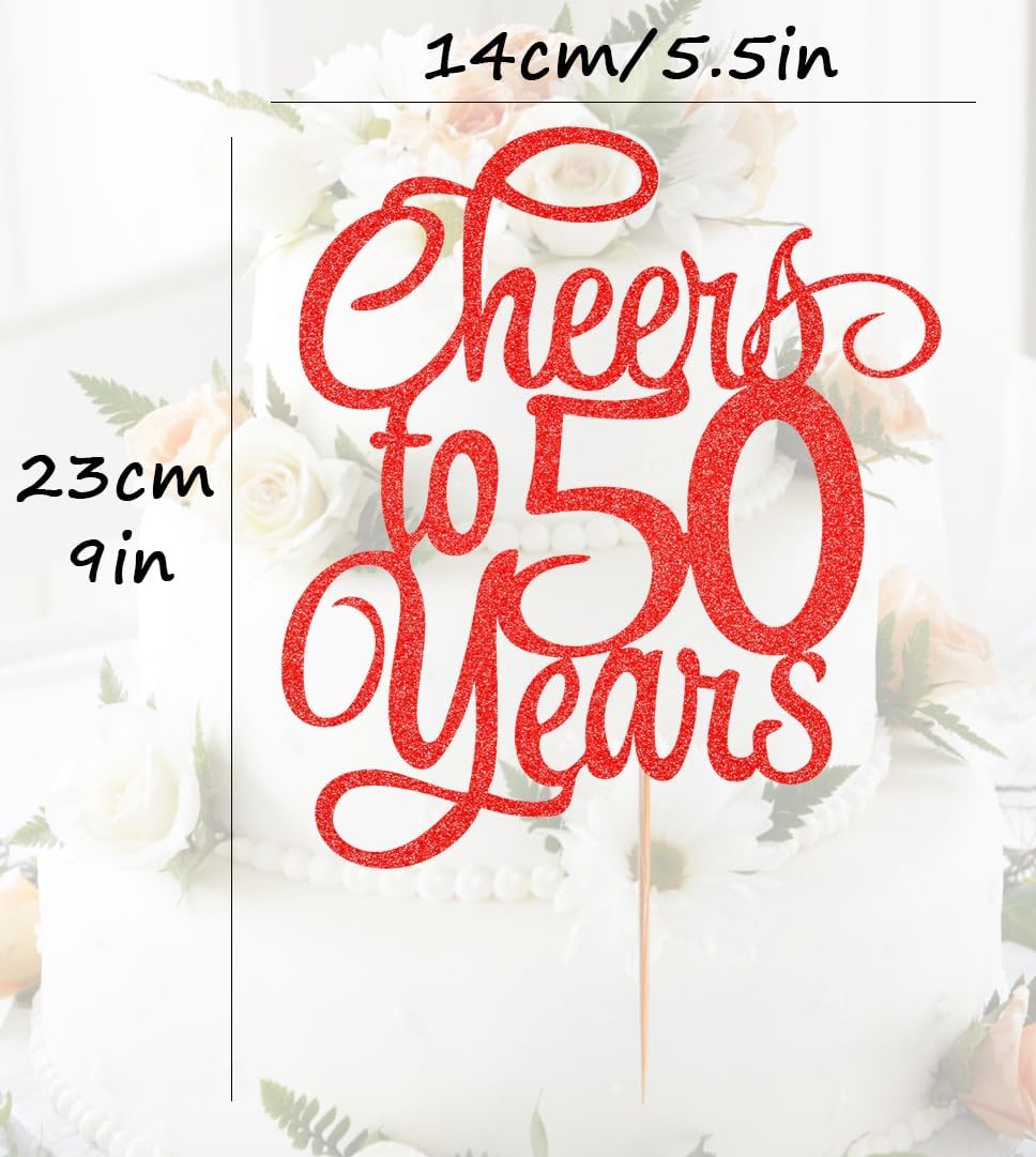 Cheers to 50 Years Cake Topper - Red Glitter 50th Birthday Cake Decorating Supplies, Perfect for 50th Anniversary or Fifty Birthday Party, Photo Booth Props