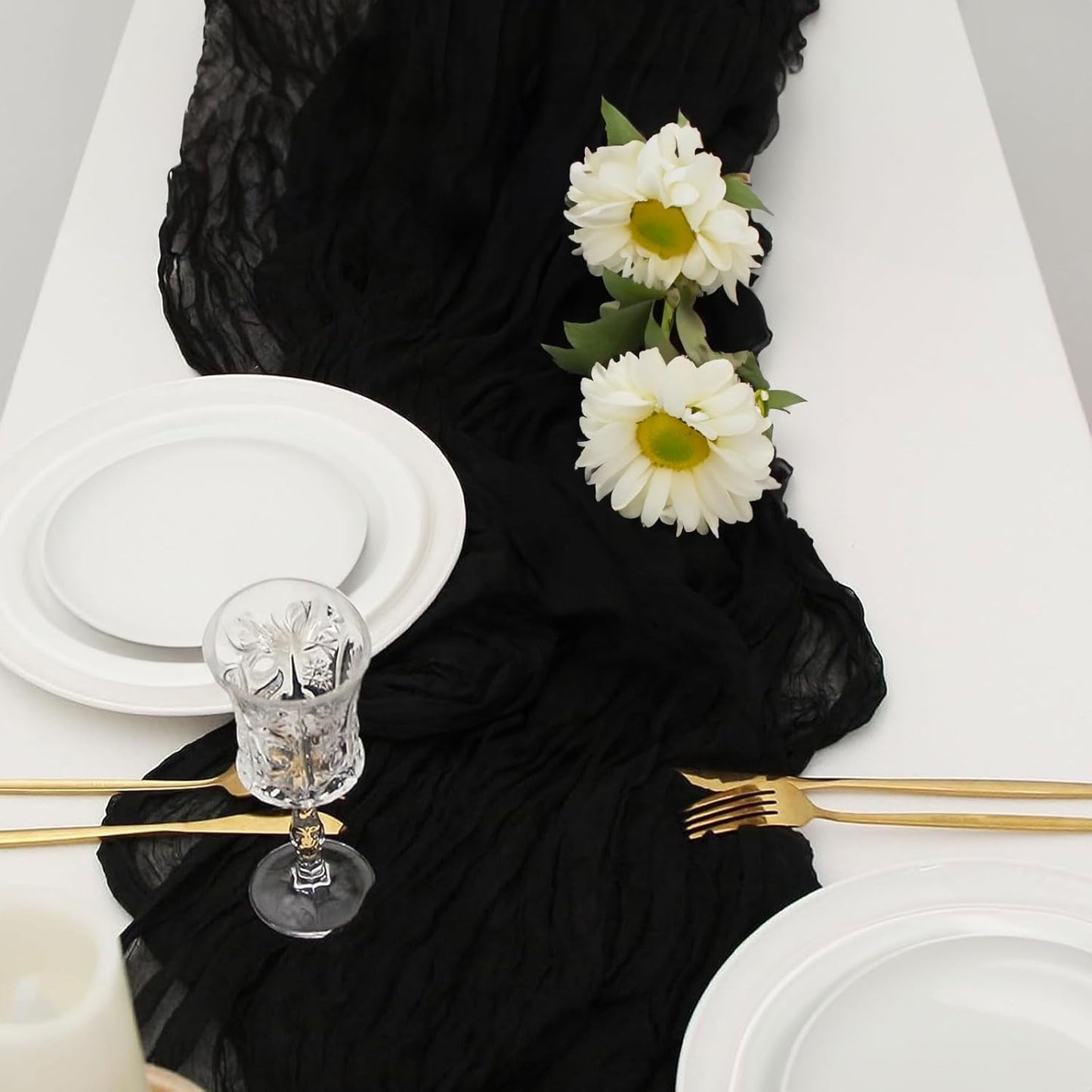 12 Pack Boho Gauze Cheesecloth Long Rustic Sheer Table Runner for Wedding Bridal Baby Shower Birthday Party Cake Table Arbor Decorations (Black)