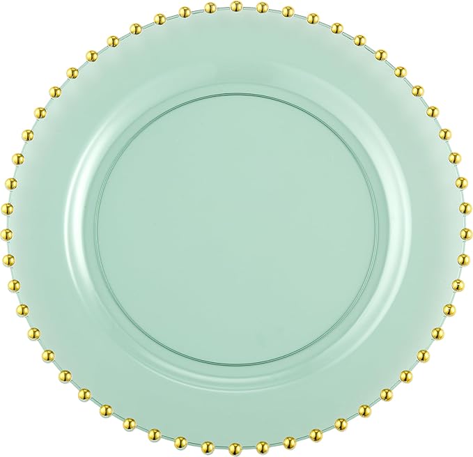 PLASTICPRO 32 Piece Combo Plastic Dinner Plates Disposable Plastic Fancy Heavy Duty Party Dishes 7 inch and 10 inch, Translucent Green and Gold Beaded