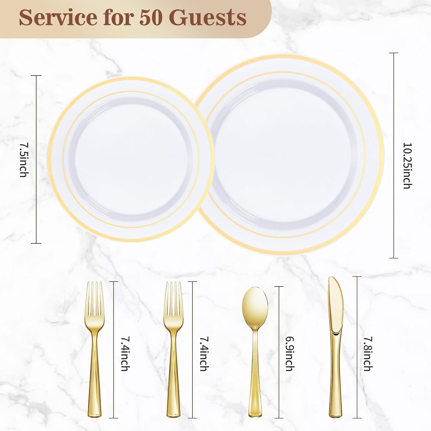 BESTVIP 300PCS Gold Plastic Plate Set (50 Guests), Plastic Plates for Party Wedding Birthday, Disposable Dinnerware Set of 100 Plates, 100 Forks, 50 Spoons, 50 Knives for Christmas, Thanksgiving