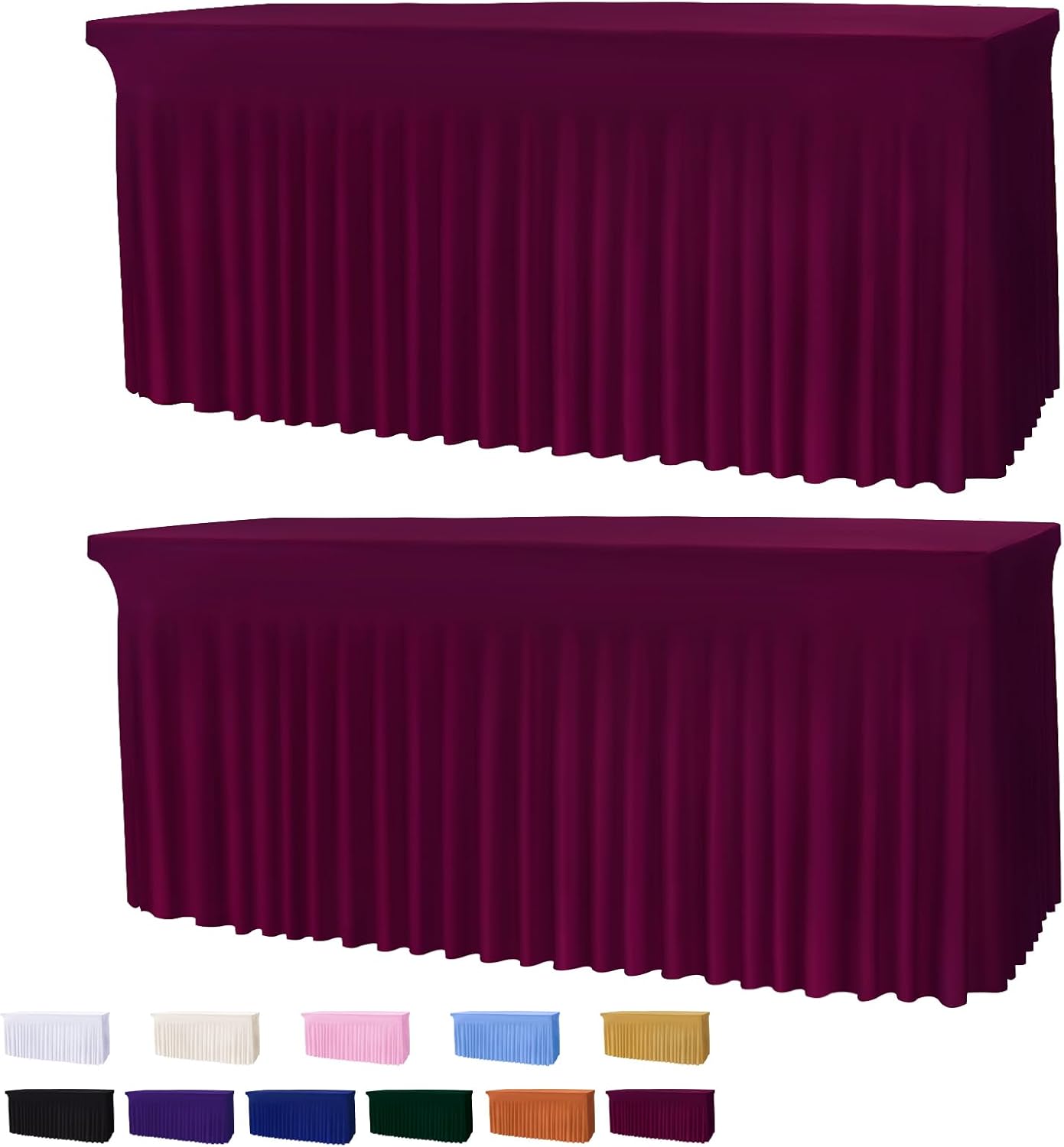 Table Skirts for 6ft Rectangle Tables - 2PCS Red Table Covers for 6 Foot Tables, Wrinkle Resistant Ruffles Elastic Table Cloths and Table Skirt for Banquets/Weddings/Parties/Birthday