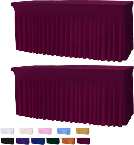 Table Skirts for 6ft Rectangle Tables - 2PCS Red Table Covers for 6 Foot Tables, Wrinkle Resistant Ruffles Elastic Table Cloths and Table Skirt for Banquets/Weddings/Parties/Birthday