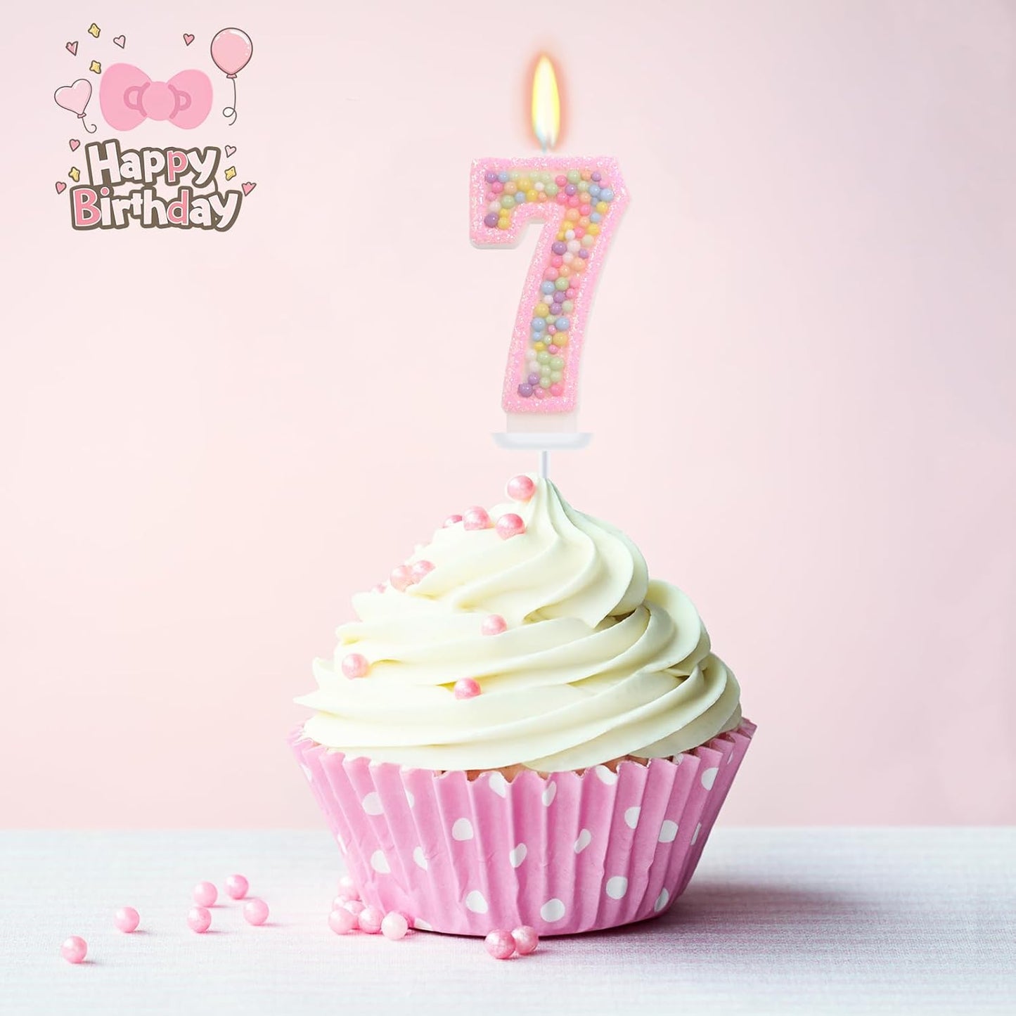 Pink Birthday Candles - Number 7 Candle, Colorful Macaron Candles for Preppy Smiley Face Party Decorations, Sweet Theme Birthday Party Supplies