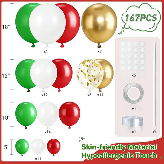 Red White Green and Gold Balloon Arch Kit, 167Pcs Christmas Balloons Different Sizes 18 12 10 5 inch for Birthday Baby Shower New Year Xmas Holiday Party Decorations