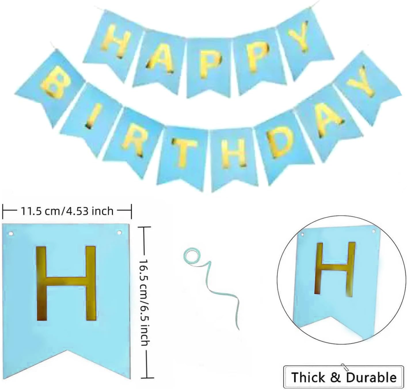 BLUE Happy Birthday Banner - Large Gold Lettered Decor for Birthday Party, Reusable Black & Gold Party Supplies for Boys, Girls, Men, Women