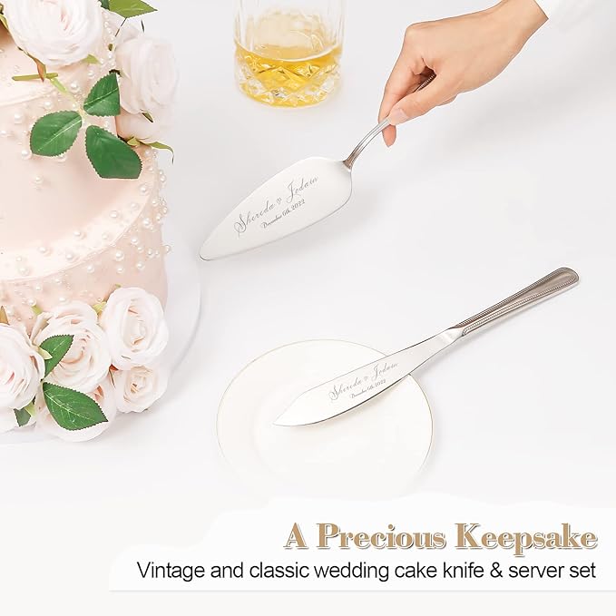 Cake Cutting Set for Wedding, Personalized Wedding Cake Knife and Server Set, Vintage Engraved 2-Piece Pie Cake Cutter Serving Set, Custom Bridal Anniversary Birthday Quinceañera Gift(Silver)