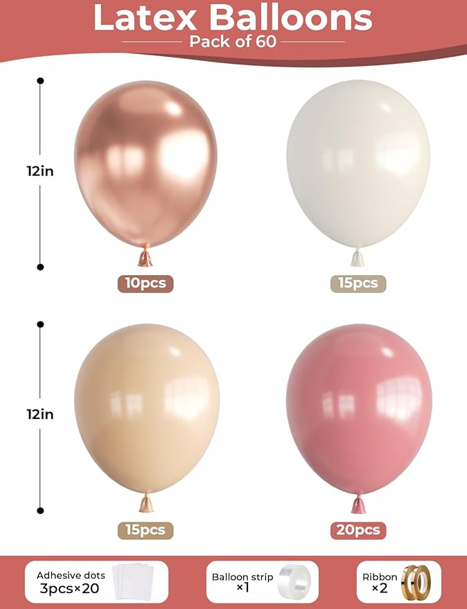 Retro Blush Pink Balloons,12 Inch 60pcs Rose Gold Balloons,Peach Dusty Pink Balloon for Birthday Baby Shower Graduation Wedding Mother's Day Party Decorations