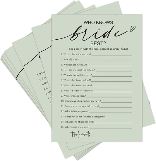 Bridal Shower Games, Who Knows The Bride Best, 25Pcs Minimalist Sage Green Bridal Game Cards, Wedding Shower Games for Guests, Engagement Bachelorette Party Supplies
